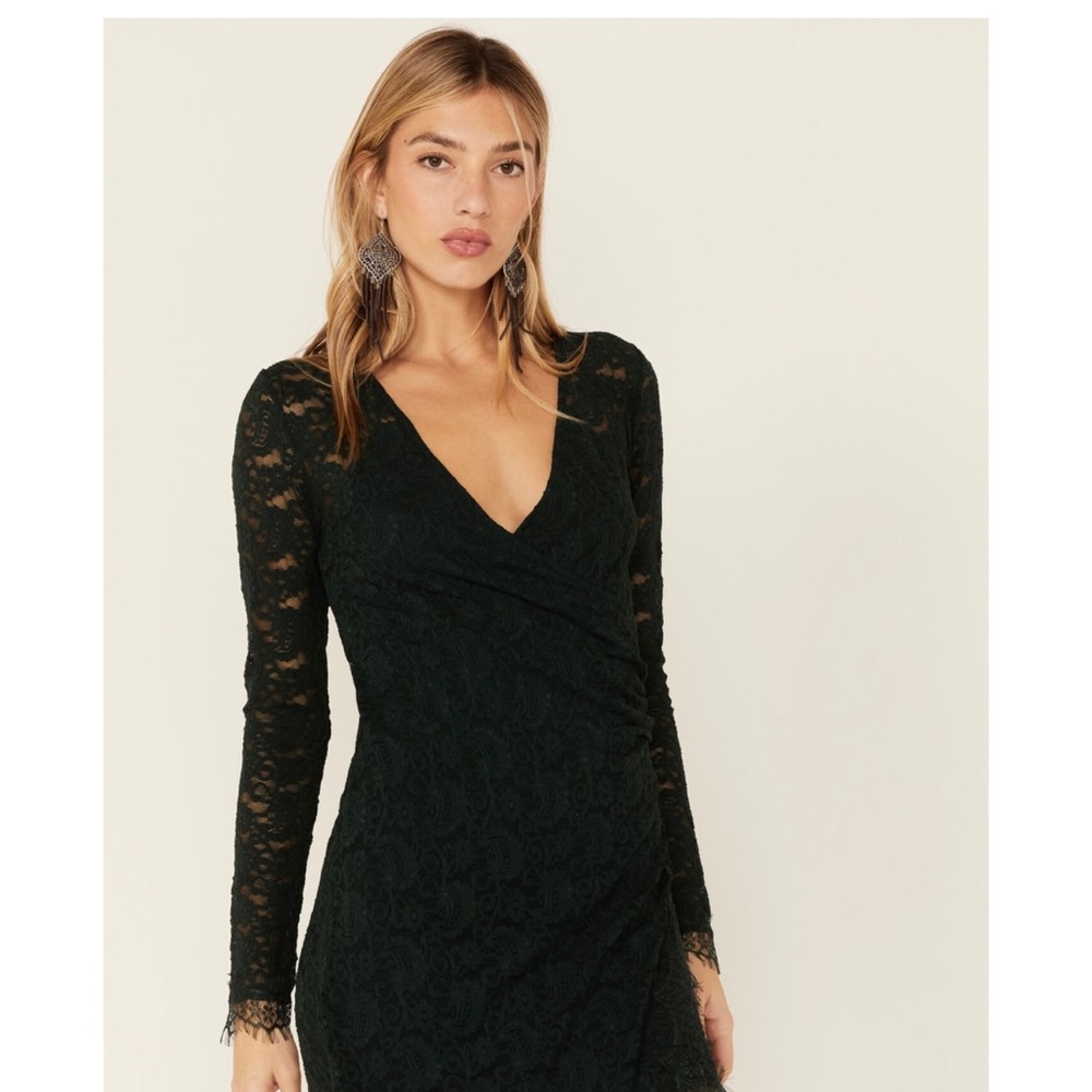 NWT Free People Pearl Lace Long Sleeve Stretch Mini Dress Deepest Spruce XS